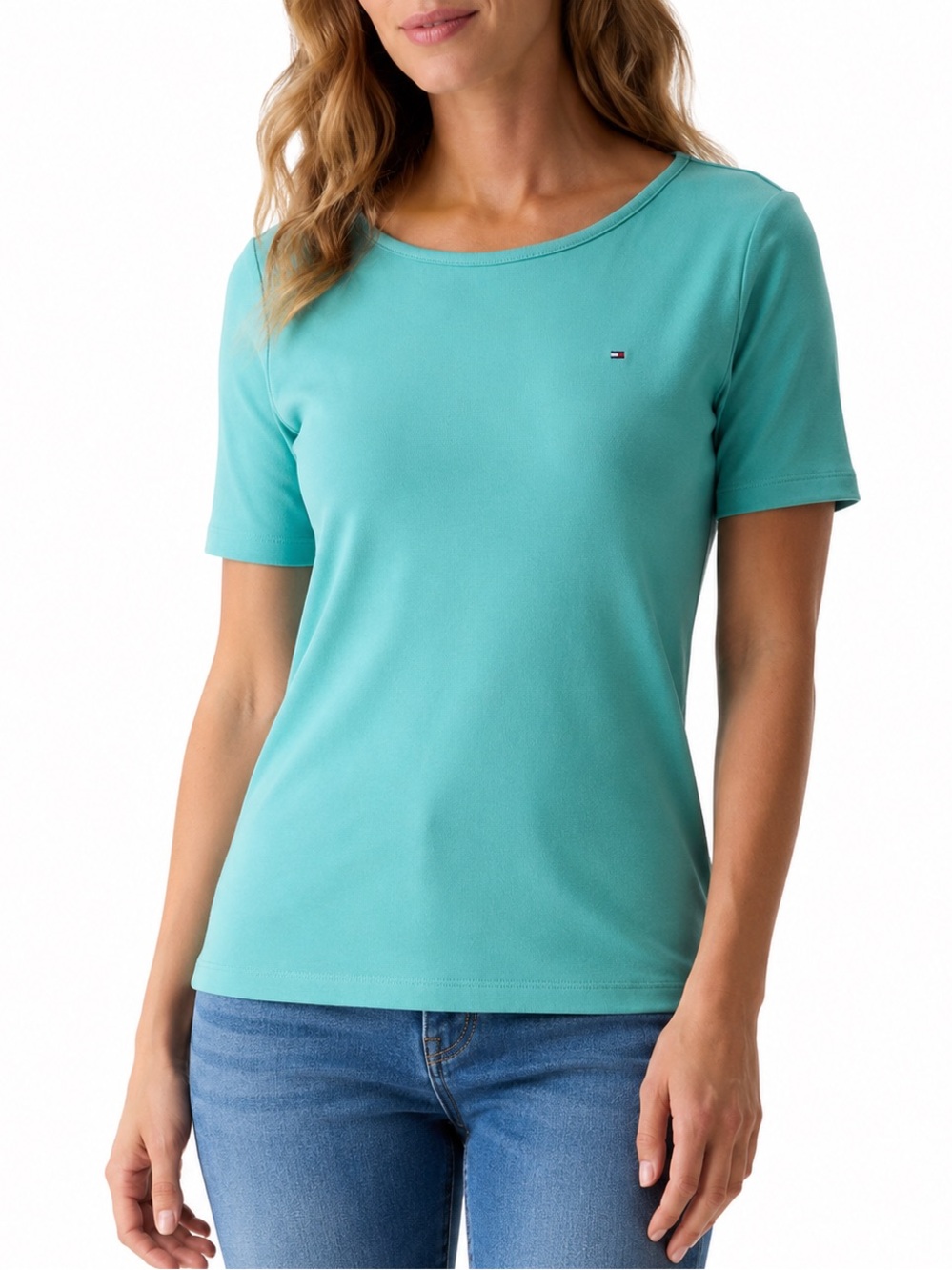 Tommy Hilfiger Women’s SP Aqua Ribbed Scoop Neck Elbow Sleeve Knit Top